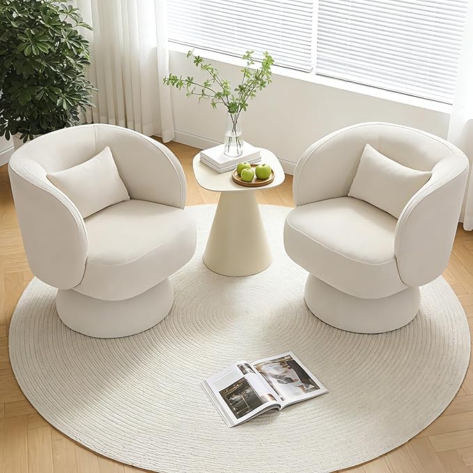 ClinQ Swivel Barrel Chair with Pillow Set of 4, Cloud Velvet Accent Chair, Upholstered Cuddle Reading Lounge Chair, 360° Modern Boucle Swivel Curved Armchair for Living Room, Bedroom, Office, White