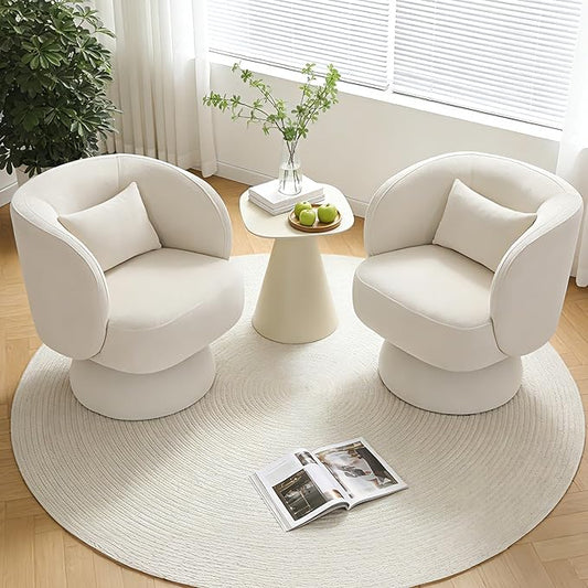 ClinQ Swivel Barrel Chair with Pillow Set of 2, Cloud Velvet Accent Chair, Upholstered Cuddle Reading Lounge Chair, 360° Modern Boucle Swivel Curved Armchair for Living Room, Bedroom, Office, White