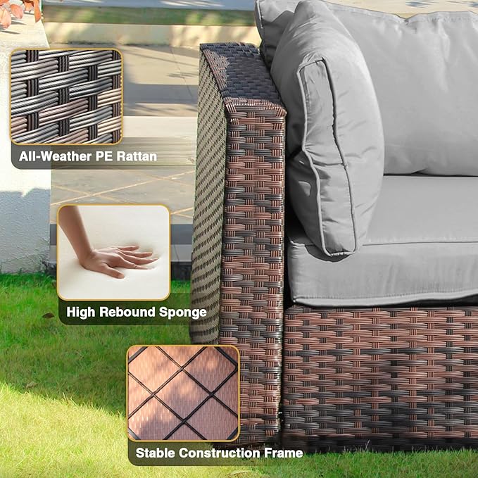 Patio Furniture Set 5 Piece All Weather PE Rattan Outdoor Sectional Sofa Couch with 4 x arm Sofa, No-Slip Cushions and Glass Top Table for Garden, Poolside, Backyard (Gray)