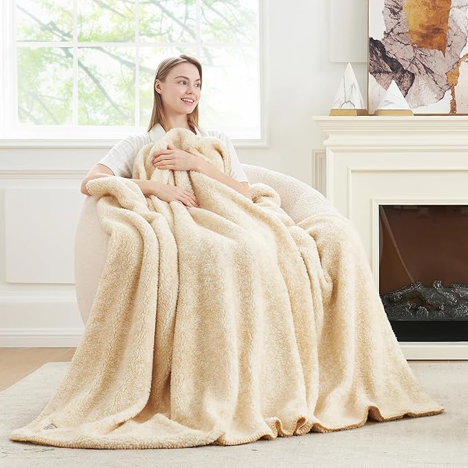 Cozy Bliss Sherpa Throw Blanket for Couch, Cozy Fleece Thick Warm Blanket for Winter, Reversible Soft Fuzzy Plush Throw Gifts for Women and Men, Room Decor (Mottled Beige, 50" x 60")
