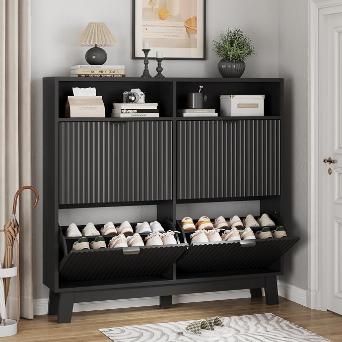 Xixini Shoe Cabinet with 4 Flip Drawers, 46" Tall Narrow Fluted Shoe Storage Organizer for Entryway, Hidden Slim Wooden Shoe Rack Cabinet for Front Door Entrance, Hallway, Living Room, Solid Black by Xixini