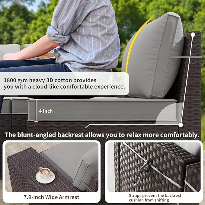 Gotland 6 Pieces Patio Furniture Set with 1 Coffee Table, 5 Seater Rattan Outdoor Sectional with Wide Armrests 29.5'' High Backrest Thick Waterproof Cushions, Conversation Sets for Deck Garden Gray