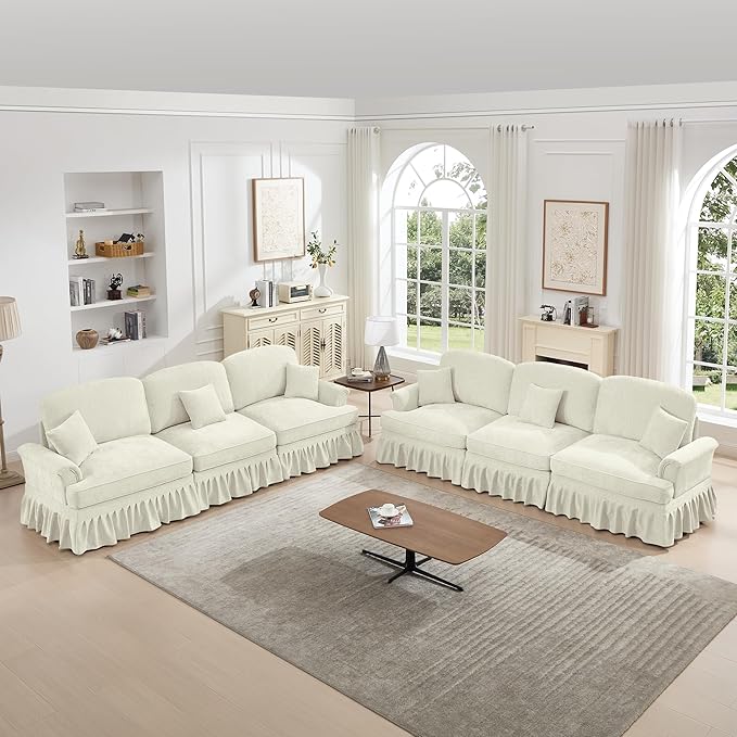 KEIKI Mid Century Modular Sofa with Flared Arms and Skirted Design, 107” Oversized 3-Seater Chenille Sectional Couches Set for Living Room, Modern Comfortable for Living Spaces, Beige White