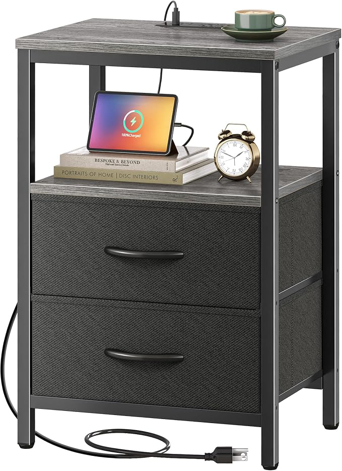 Huuger Nightstand with Charging Station, Side Table with Fabric Drawers, End Table with Open Shelf, Bedside Table with USB Ports and Outlets, Night Stand for Bedroom, Charcoal Gray - Image 9