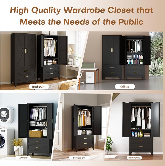 Metal Armoire Wardrobe Closet with 2 Drawers, 71" Wardrobe Cabinet with 1 Adjustable Shelf & 1 Hanging Rod for Bedroom, Black Metal Closet Storage Cabinet with 2 Doors & 2 Drawers