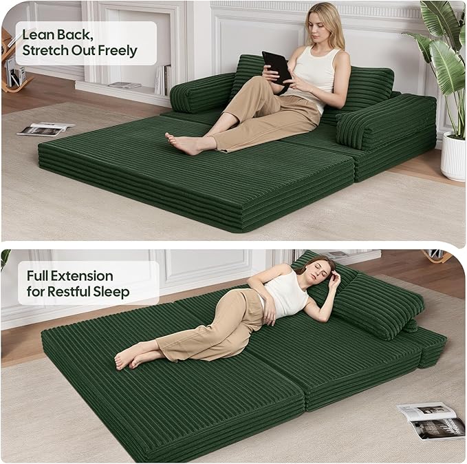 MeMoreCool Convertible Sofa Bed, Folding Floor Couch Bed Queen, Pull Out Sleeper Couch with Pillows, Fold Out Futon Sofa for Bedroom Living Room Small Space, Corduroy Beige