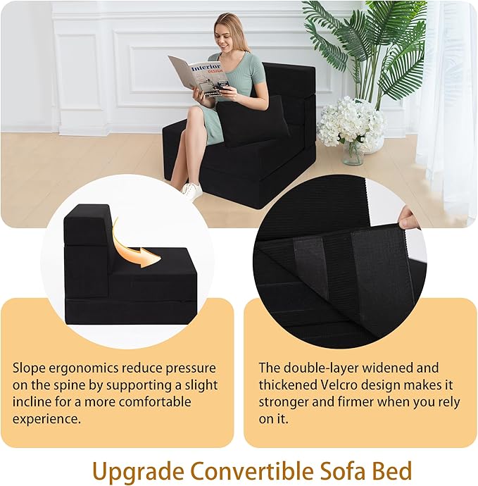 Folding Sofa Bed Chair with Pillow,Convertible Fold Out Chair Sleeper,Foam Floor Mattress, Foldable Futon Couch Bed for Living Room/Dorm/Guest/Office (Black Corduroy, Single)