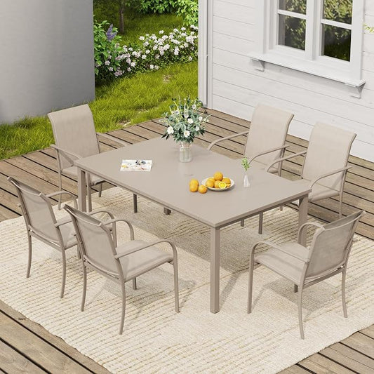 VICLLAX 7 Pieces Patio Dining Set, Patio Furniture Set of 6 Patio Stackable Dining Chairs and Outdoor Metal Table with Umbrella Hole for Backyard Lawn Garden, Sandshell Chairs and Sandshell Table by HOME