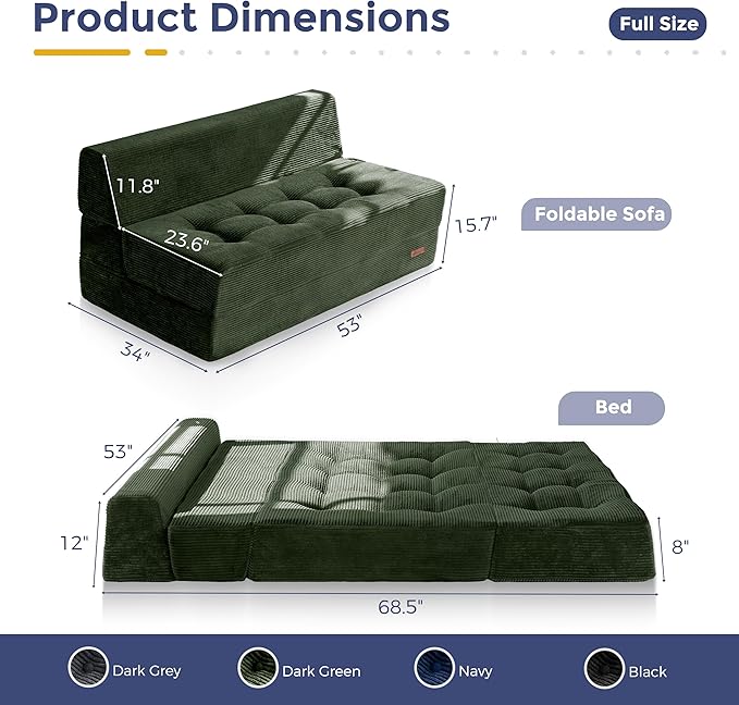 MAXYOYO 8" Folding Sofa Bed, Convertible Sleeper Sofa Lounger Foldable Mattress, Wedge Shape Floor Couch Tufted Fold Out Chair Bed Comfy Floor Couch Lounge for Living Room, Loveseat, Dark Green