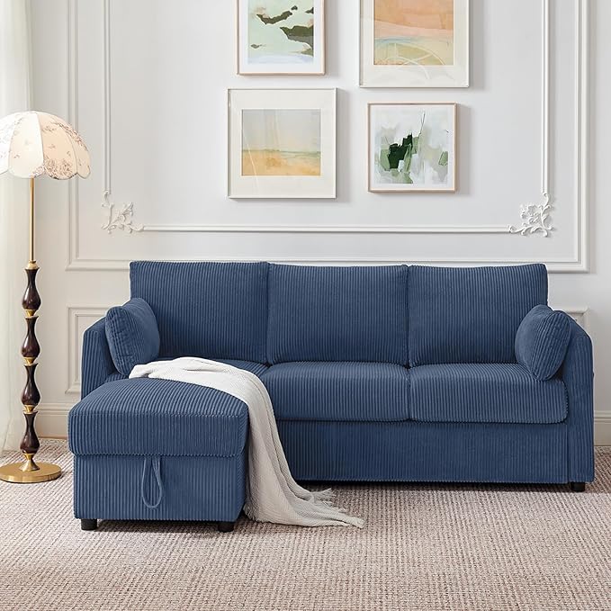 Corduroy Storage Ottoman for Living Room Sofas Couches, Square Ottoman with Storage Space Foot Rest Stool for Apartment, Dorm, Entryway, Navy Blue