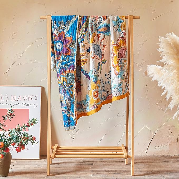 Boho Throw Blanket - 50"x60" 100% Cotton Ultra Soft Lightweight Spring Blanket, 4-Layer Breathable Muslin Blankets for Bed Couch, Reversible Green Floral Butterfly Printed Bohemian Cotton Quilt