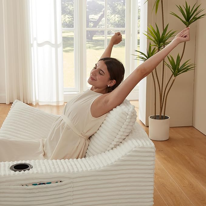47 Inches Oversized Chaise Lounge Chair Indoor, Fluffy Corduroy Upholstered Boneless Sleeper Sofa Couch with Cupholders and 3 Throw Pillows, Deep Seat Lazy Lounger Cloud Couch Bed for Living Room