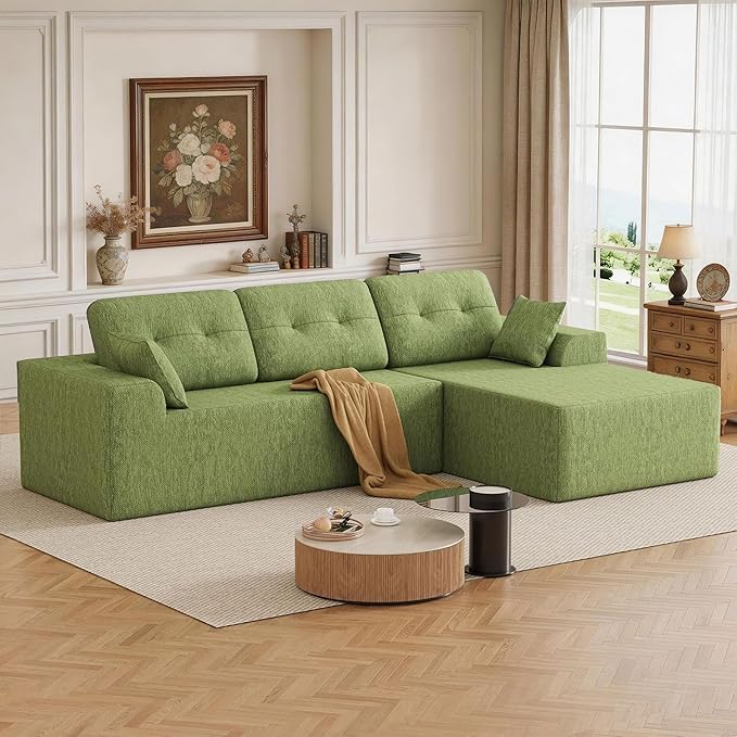 Ball & Cast 106''Modular Boneless Sectional Couch,Chenille Cloud Couch w/Wider Armrest and Pillow,Upholstered Convertible Comfy Sofa Couches for Living Room,High Weight Capacity,Right Facing(Green)