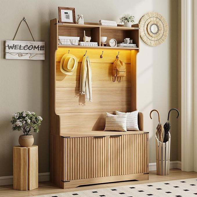Maupvit Farmhouse Hall Tree with Bench and Shoe Storage, 4 Coat Rack with Shoe Storage Cabinet, 5-in-1 Entryway Organizer with Led Lights, Adjustable Shelves & Flip Drawers, Mudroom Seat Stool, Oak by MaupvitFurniture