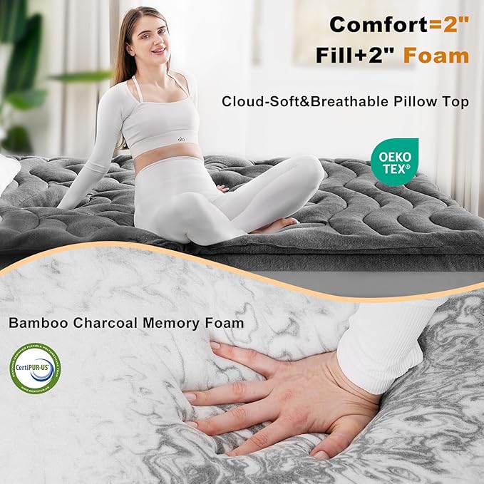 HOMRELEXA Dual Layer 4 Inch Bamboo Memory Foam Mattress Topper King Size, 2 Inch Thick Soft Quilted Pillow Top Cover Plus 2 Inch Charcoal Gel Memory Foam Mattress Pad for Back Pain Relief