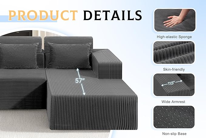 Homguava Modular Sectional Couches for Living Room,105" Cloud Couch with L-Shape Chaise,Comfy Sofa Living Room Sofas with Deep Seat,No Assembly L Couch,Corduroy Fabric(Grey,R)