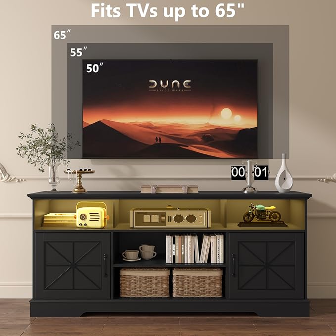TV Stand for 65 Inch TV, Farmhouse Entertainment Center with RGB LED Lights, 59 Inch Media Console with Adjustable Center Shelf and Storage Cabinets, Rustic Barn Door Style - Image 3