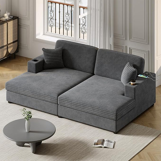 86.5" Oversized Double Chaise Lounge Indoor Corduroy Upholstered Sofa Bed , Deep Seat Lounger Loveseat Recliner Daybed with Dual USB Ports , Two Cup Holders and Throw Pillows for Living Room Bedroom