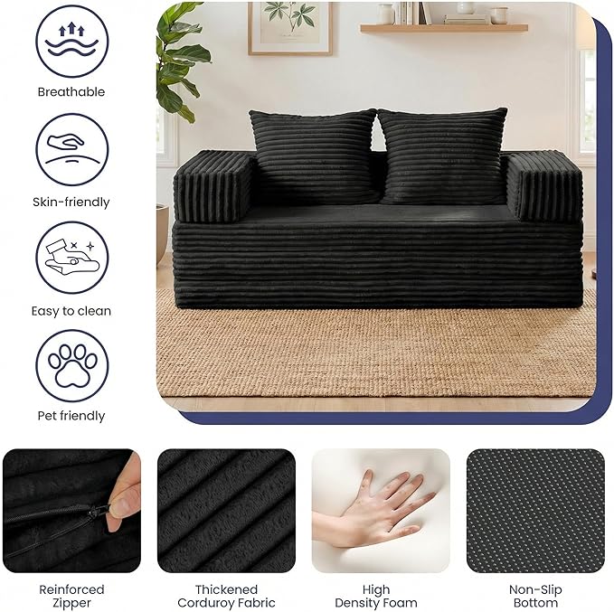 Convertible Sofa Bed, 4-in-1 Boneless Loveseat with Removable Armrests Backrest, Corduroy Futon Couch Bed with Pillow, Foldable Mattress Sleeper Sofa for Living Room Bedroom Small Place (Black)