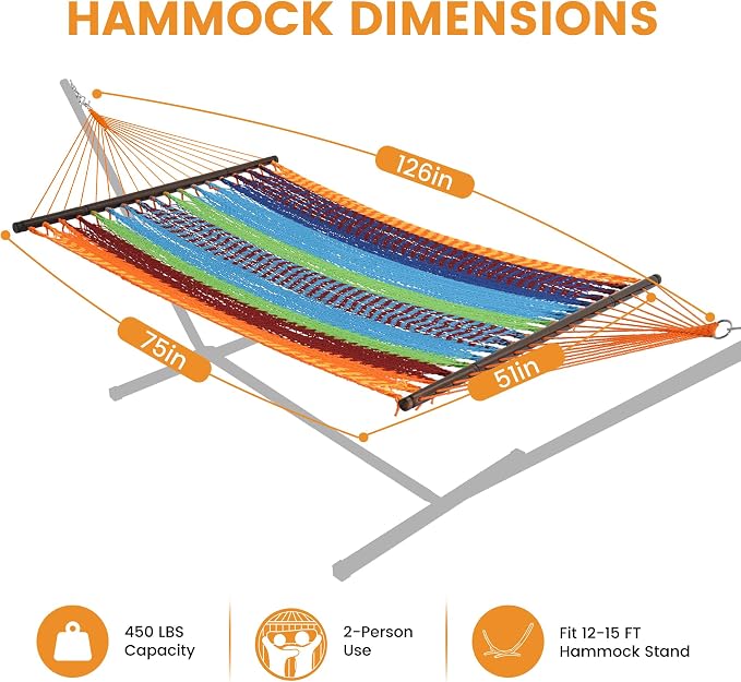 Lazy Daze Hammocks 10.5 FT Double 2 Person Caribbean Rope Hammock, Hand Woven Polyester Hammock with Spreader Bars, for Outside Outdoor Backyard Patio Poolside, 450 LBS Capacity, Multicolor - Image 6