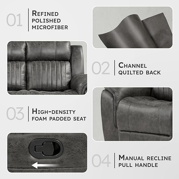 Lexicon 83.5" W Manual Double Reclining Sofa, Polished Microfiber Recliner Sofa, Pillow Top Arms, for Living Room, Apartment, Easy Assembly, Brownish Gray