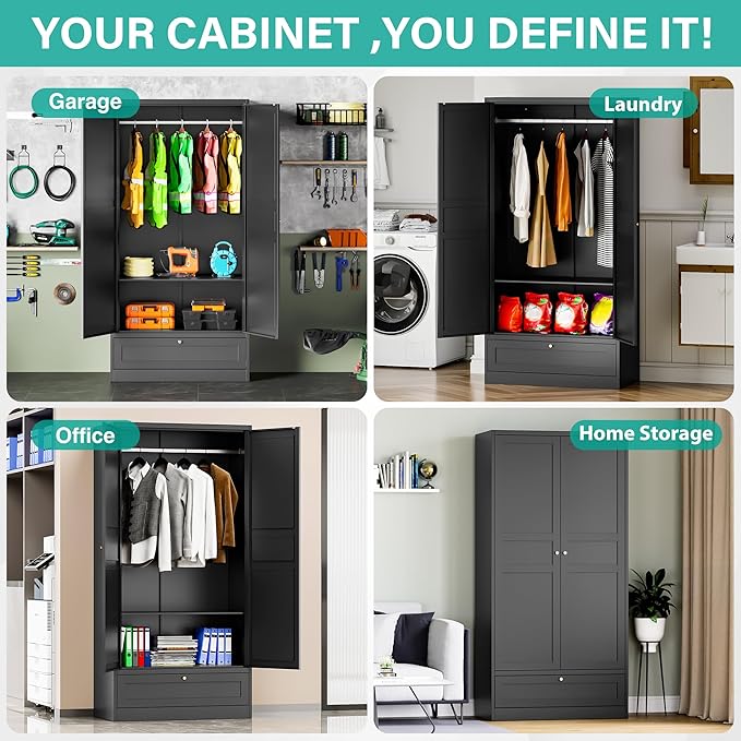 SISESOL Metal Wardrobe Cabinet with Drawer,Armoire Wardrobe Closet with Doors,Black Metal Clothing Storage Cabinet with Adjustable Shelves and Hanging Rod for Home,Bedroom Armoires