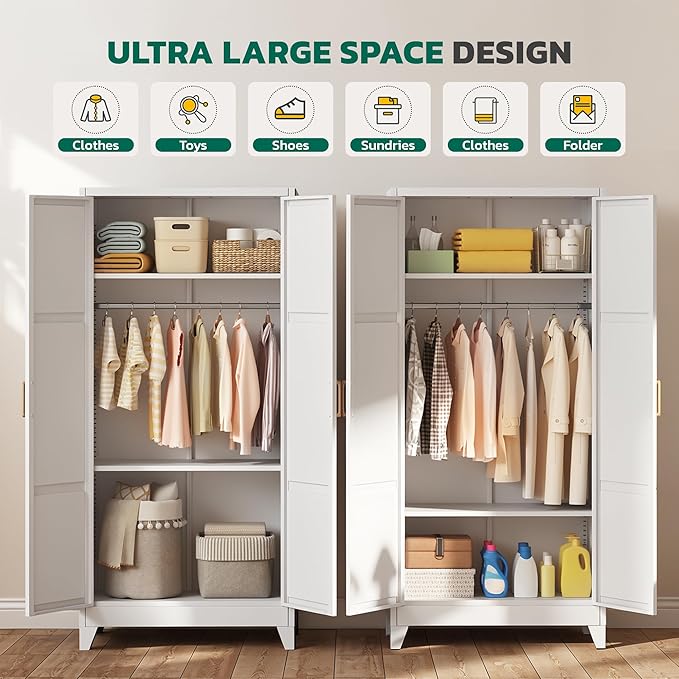 Greenvelly Metal Wardrobe Cabinet, 19" D x 34" W x 71" H Metal Wardrobe Closet with Hanging Rods and Adjustable Shelves,Clothing Storage Closet Cabinet for Bedroom, Cloak Room, Laundry Room (White)