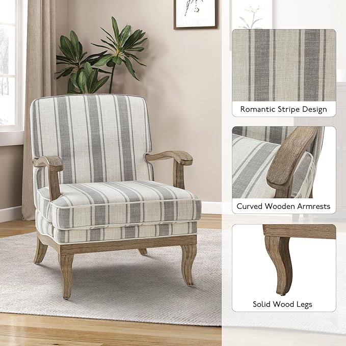 HULALA HOME Mid-Century Modern Chair Set of 2, Upholstered Accent Chair with Graceful Curves and Wooden Legs, Comfy Lounge Armchair Striped Accent Chairs for Living Room, Bedroom, (Grey)