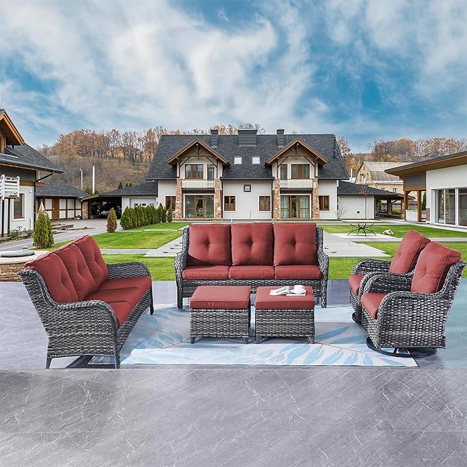Rilyson Wicker Patio Furniture Set - 6 Piece Rattan Outdoor Sectional Conversation Sets with 2 Rocking Swivel Chairs,2 Ottomans and 2 Sofa for Porch Deck Garden(Mixed Grey/Red)