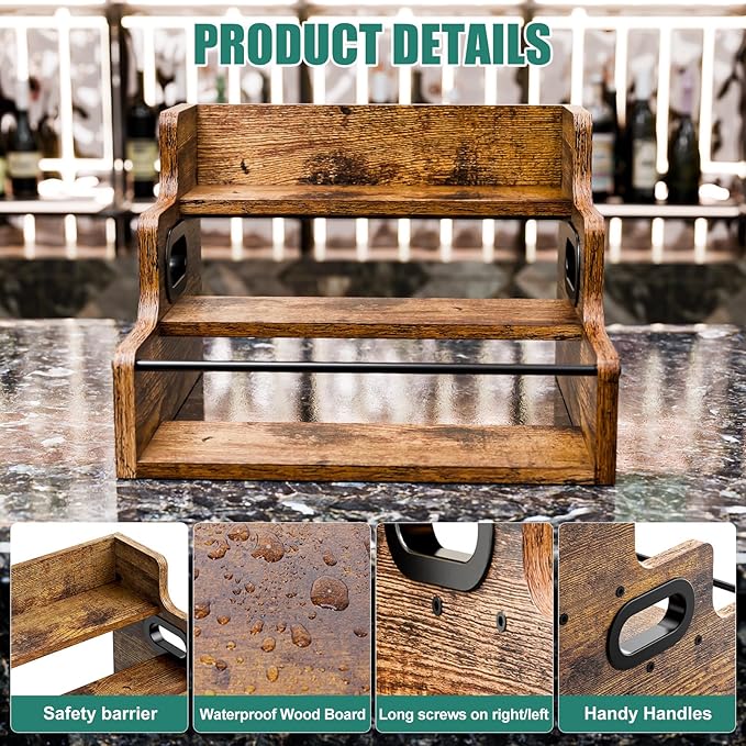 KLM Liquor Bottle Display Shelf, Coffee Syrup Rack Organizer, 3 Step Countertop Liquor Wine Rack, mini bar,liquor cabinet, Home Retro Bar Shelf Stand for Liquor Whiskey, Spirits - Image 6