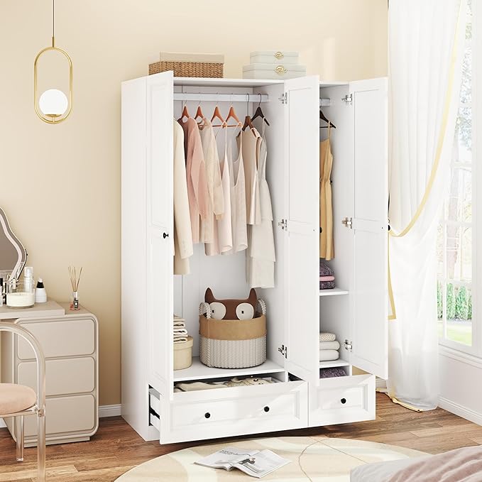 Armoire Wardrobe Closet with Drawers: 74" White Wardrobe Closet with 3 Doors, Bedroom Armoires with 2 Drawers, Wood Closets Cabinet for Hanging Clothes (White, 47")