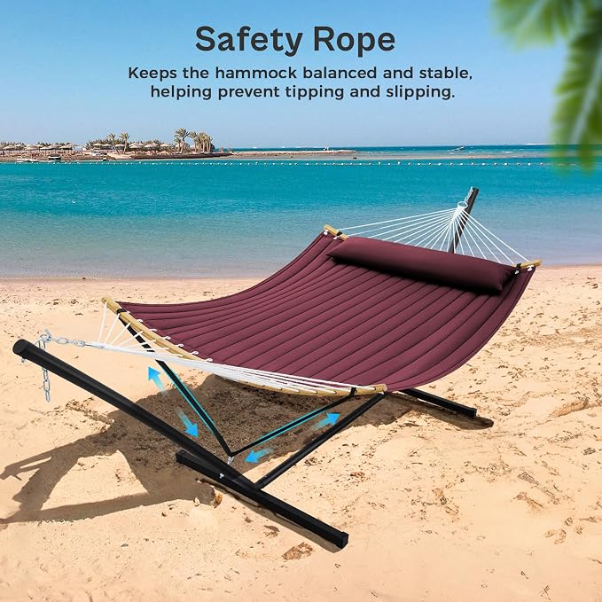 SUPERJARE Curved-Bar Hammock with Stand, 2 Person Heavy Duty Hammock Frame, Detachable Pillow & Portable Carrying Bag, Perfect for Outdoor & Indoor, Burgundy - Image 5