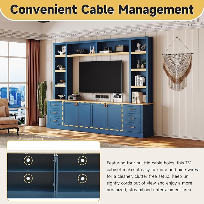 Merax 102.3 Inch Wide Farmhouse Entertainment Center, Rustic TV Stand with 6 Drawers & Adjustable Shelves, Large Media Console for TVs up to 75", Modern Bookshelves Wall Unit, Blue - Image 2