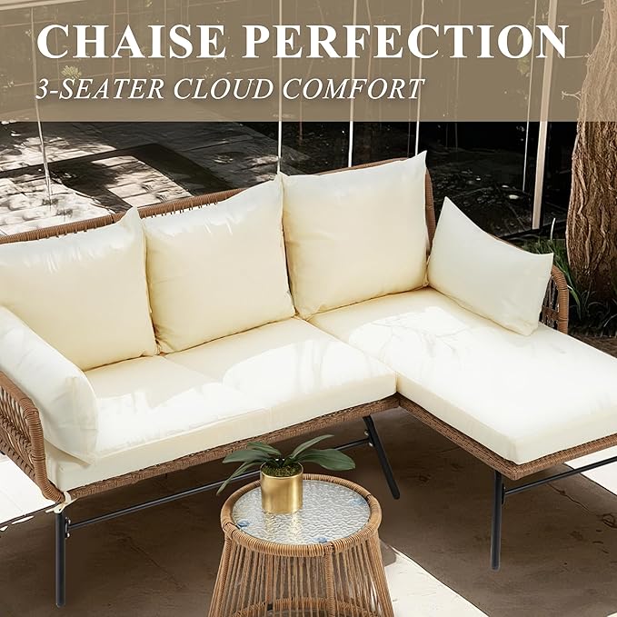 Bezseller 3-Piece Outdoor Patio Furniture Set – L-Shaped Rattan Sectional Sofa with Detachable Lounger, Glass Coffee Table & 4" Cushions – All-Weather PE Wicker for Backyard, Porch, Poolside