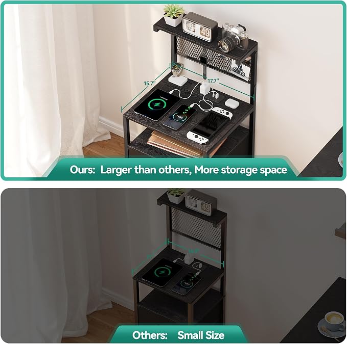 Tall Nightstand with Charging Station and LED Lights, Large Night Stands with 3 Fabric Drawers, Bedside Table with Storage Shelves and Hooks for Bedroom, Office, Dorm, Black - Image 4