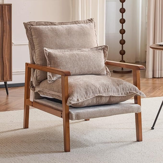 VINGLI Mid-Century Modern Cloud Accent Armchair with Lumbar Pillow, 6.3'' Thick Seat Cushion Comfortable Reading Chair with Wooden Armrests，Boho Lounge Chair for Bedroom, Living Room, Chenille, Khaki