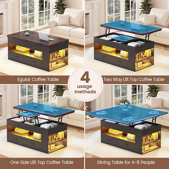 Itaar Lift Top Coffee Table, 4 in 1 Coffee Tables with Storage and Hidden Compartment, Farmhouse Coffee Table with 2 Fabric Drawers & LED Light for Living Room, Black