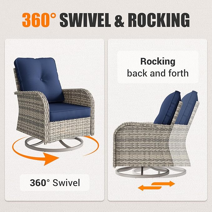Outdoor Patio Furniture Set Patio Rocking Swivel Chair with Tempered Glass Side Table, Outdoor Wicker Rattan Bistro Set with Ottomans for Garden, Deck, and Balcony, Blue