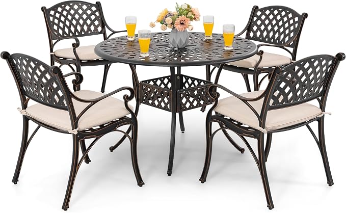 NUU GARDEN 5 Piece Outdoor Patio Dining Set with Beige Cushions, Cast Aluminum Round Dining Table with Umbrella Hole and Patio Dining Chairs for Garden, Balcony, Black with Bronze Edge by NUUGARDENCORPORATION