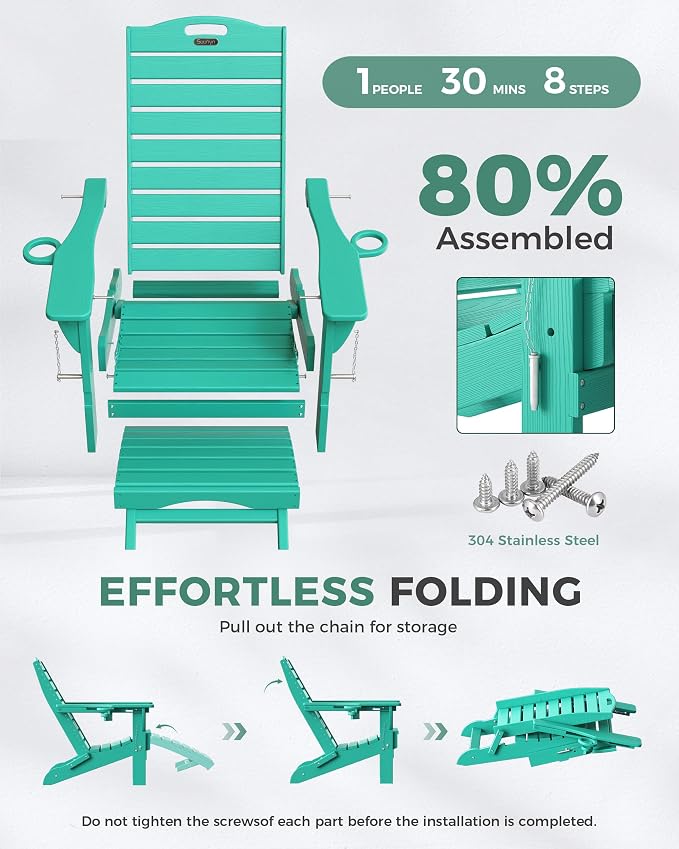 Adjustable Adirondack Chairs Set of 4 with Retractable Ottoman, HDPE Folding Adirondack Chair with Cup Holders, Weather Resistant for Backyard, Poolside & Fire Pit (Lake Blue) - Image 8