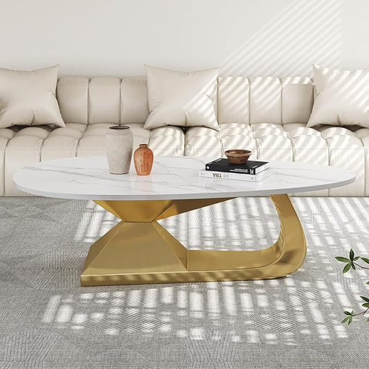 Glintee 51.2" Oval Coffee Table with Marble Top, Gold Stainless Steel Base, Scratch & Heat Resistant, Modern Living Room Centerpiece.