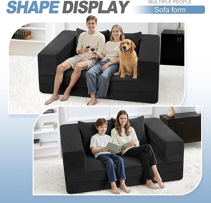Futon Sofa Bed with Pillow, 3-in-1 Sleeper Sofa Bed with Removable Cover, Convertible Floor Sofa Bed, No Assembly Boneless Couch for Living Room, Bedroom