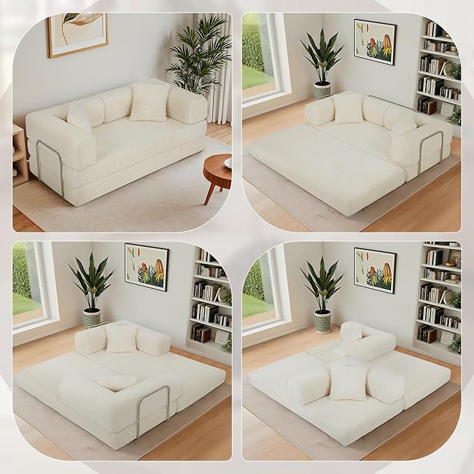 Eafurn 4-in-1 Convertible Folding Sofa Bed Boneless Loveseat Sofa in a Box - Foam Sleeper Couch with Fxied Frame, Modern Corduroy Upholstered Floor Couch & Fold Out Mattress | Breathable material, Fixed-shape Frame