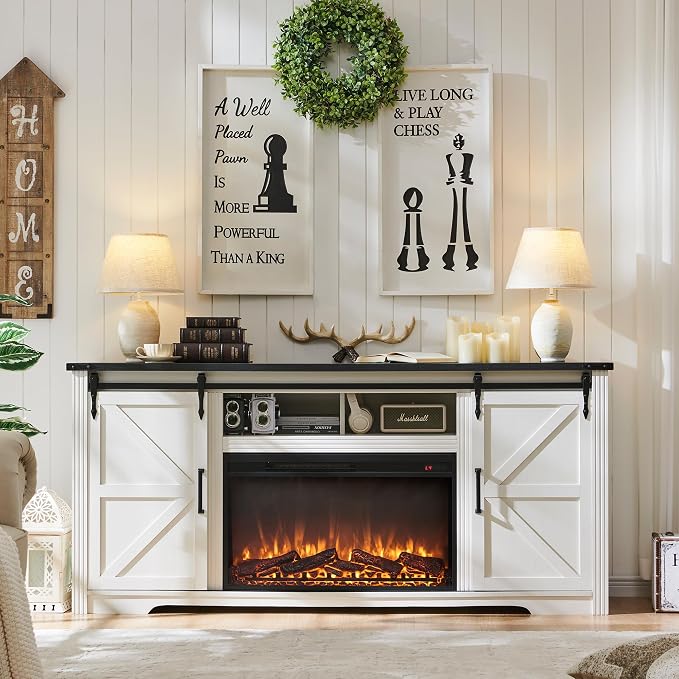 JXQTLINGMU Farmhouse Fireplace TV Stand for 80 Inch TV, 32" Tall Entertainment Center w/Drawer & Sliding Barn Door, 70 Inch Highboy Media Console for Living Room, Off White - Image 7