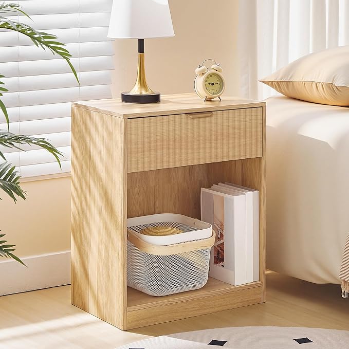 HOOBRO Fluted Nightstand, Modern Bedside Table with 1 Drawer and 1 Open Compartment, Wooden End Table with Metal Handle, for Bedroom and Office, Natural NL208BZ01 - Image 2