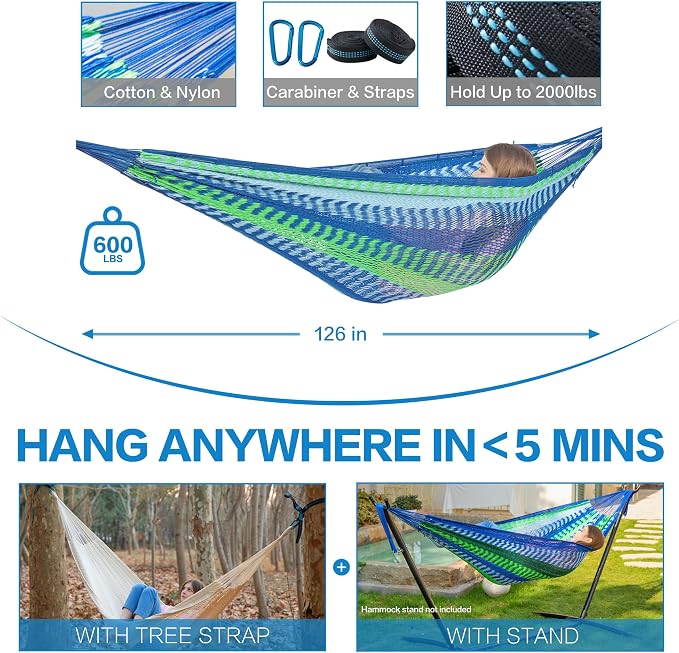 PNAEUT Handwoven Mayan Hammock, Thick Soft Rope Double Hammock for Outdoor Outside & Indoor, 600 lbs Capacity Heavy-Duty, Includes Tree Straps, Carabiners & Carry Bag(Lake Superior, X-Large) - Image 6