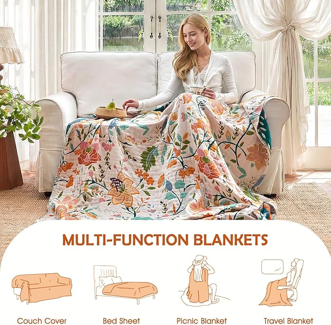 Boho Throw Blanket - 90"x90" 100% Cotton Ultra Soft Lightweight Blanket, 4-Layer Breathable Muslin Spring Blankets for Bed Couch, Reversible Green Floral Printed Bohemian Cotton Quilt