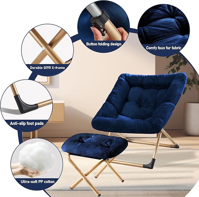 Youtanic Comfy Oversized Saucer Chair with Ottoman,Soft Faux Fur Reading Lounge Chair for Adults,Stable X-Large Metal Frame and Non-Slip Pad,Cozy Chair for Bedroom, Living Room, Dorm, Office, Blue