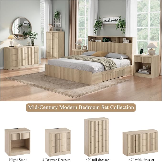 Fluted Nightstand Set of 2 with Charging Station, 23.6" Wood Bedside Table with Solid Wood Handle, Mid Century Moden End Table, 3 Drawer Dresser for Bedroom, Living Room, Natural Oak - Image 8