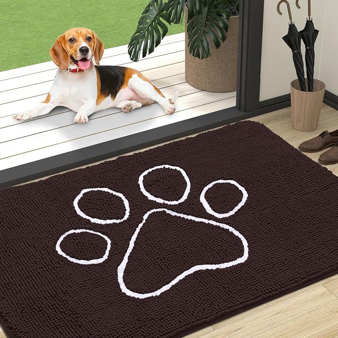 OLANLY Dog Door Mat for Muddy Paws 47x32, Paw Print Design, Absorbs Moisture and Dirt, Absorbent Non-Slip Washable Doormat, Quick Dry Chenille Mud Mat for Dogs, Entry Indoor Entryway Carpet, Brown by OLANLY
